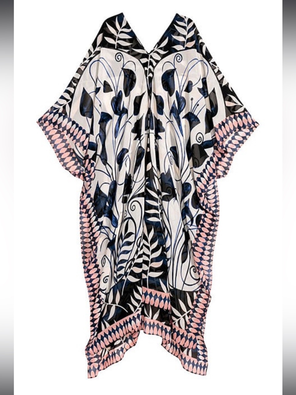 Floral V-Neck Caftan Cover-Up in Navy, White & Pink
